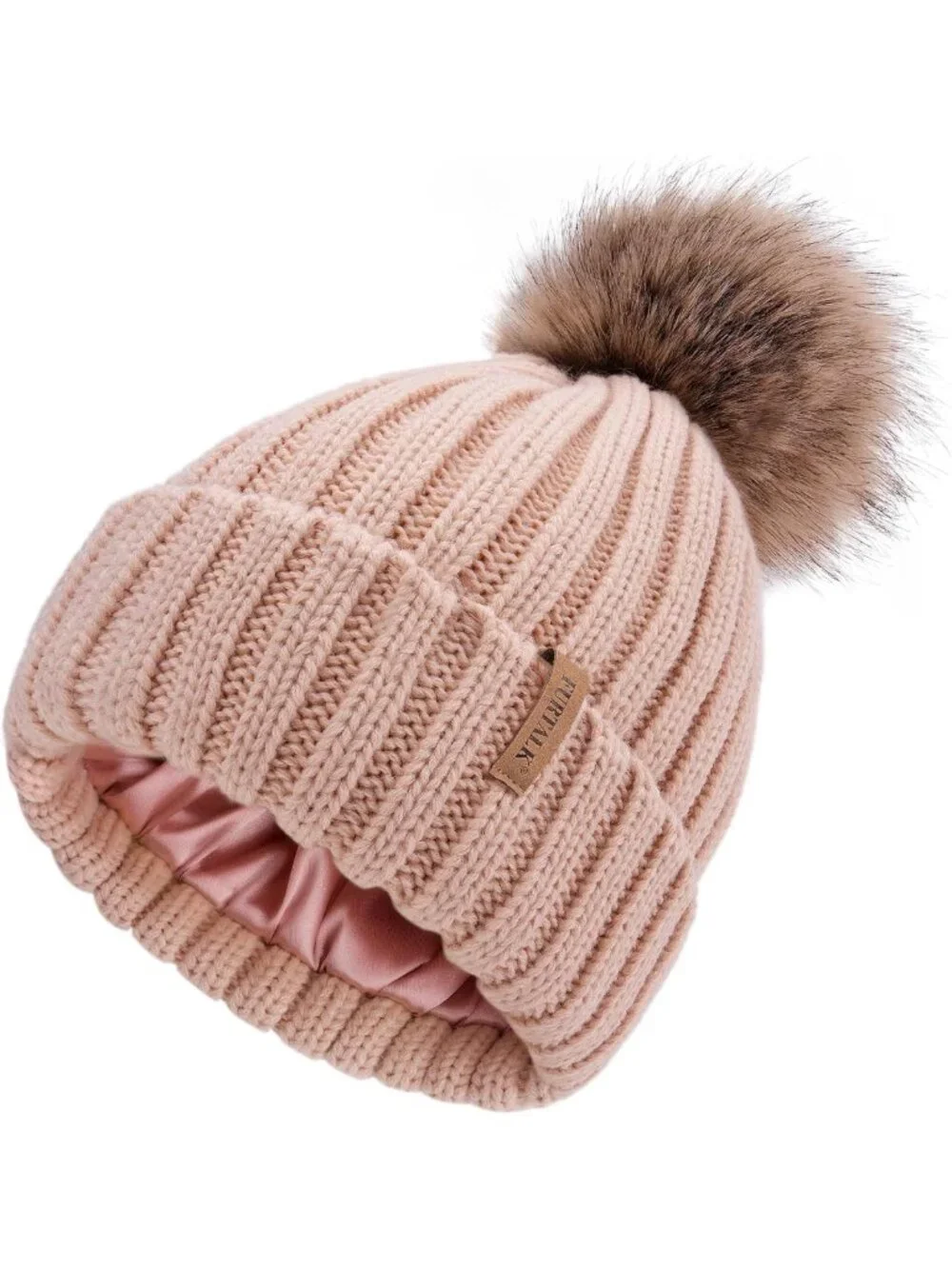 Cozy Winter Beanie Hat with Satin Lining & Faux Fur Pom Pom - Warm Knit for